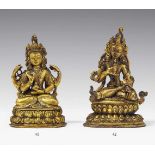 Prajnaparamita. Feuervergoldete Bronze. Tibet. 19. Jh. Im Meditationssitz auf einem Lotossockel,