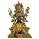 Seltene und sehr feine Figur des Maitreya. Feuervergoldete Bronze. Sinotibetisch oder mongolisch.