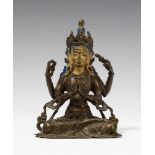 Avalokiteshvara. Bronze. Tibet. 17. Jh. Die vierarmige Form des Avalokiteshvara hält die