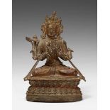 Bodhisattva. Bronze. Tibet. 15./16. Jh. Der bodhisattva thront auf einem doppelreihigen