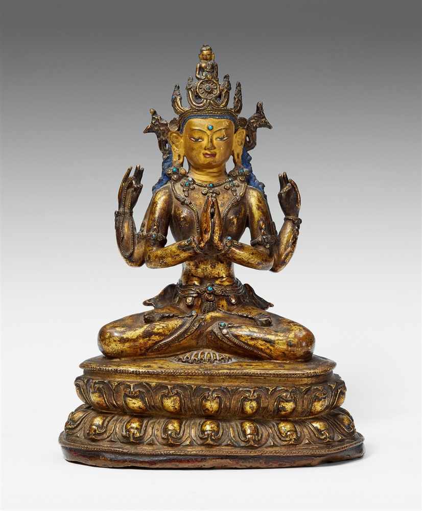 Shadakshari Avalokiteshvara. Feuervergoldete Bronze. Tibet. 15./16. Jh. Die vierarmige Form des