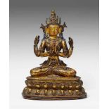 Shadakshari Avalokiteshvara. Feuervergoldete Bronze. Tibet. 15./16. Jh. Die vierarmige Form des