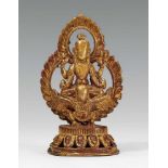 Garudasana Vishnu vor Aureole. Bronze, vergoldet. Nepal. 19. Jh. Der hinduistische Gott Vishnu,