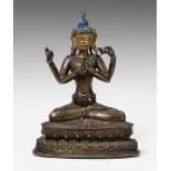 Shadakshari Avalokiteshvara. Bronze. Tibet. 17. Jh. Die Haupthände in namaskara mudra vor der