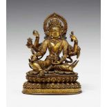 Vasudhara. Feuervergoldete Bronze. Nepal. 18. Jh. Majestetische Darstellung der sechsarmigen