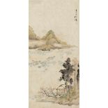 Yu Ren (Ren Lifan) Pavillon in Landschaft. Hängerolle. Tusche und Farben auf Papier. Aufschrift,