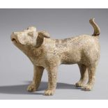 Figur eines Hundes. Han-Zeit (206 v. Chr.-220 n. Chr.) Stehender Hund. Grauer Scherben mit Resten