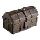 Leather box with wood-based iron work. Gothic. 15th century.  Decorated with engraved plant