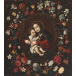 17th century Spanish school "Virgin with Child and garland of flowers" Oil on canvas. 100 x 90 cm.