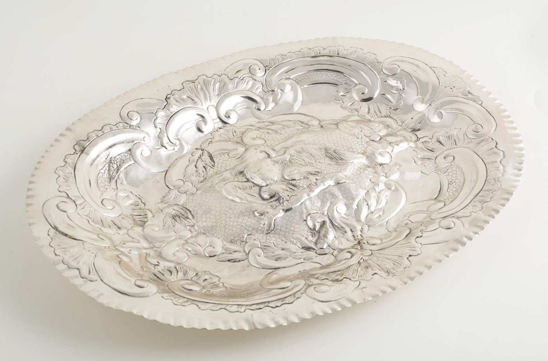 Spanish tray made of engraved and embossed silver. 18th century. Hallmarked Estrada. Pretty