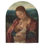 "Virgin with Child". Florentine school. Circa 1500. Oil on board.  Standing before a far-off