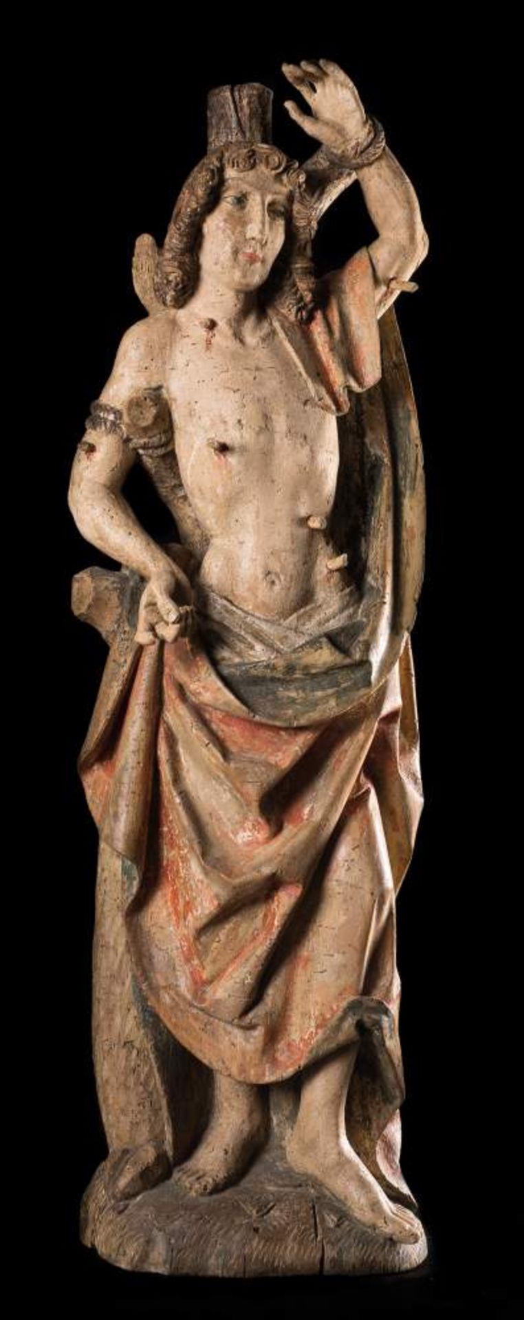 "Saint Sebastian". Carved wooden sculpture with polychrome remains. Germany. Gothic. 15th century.