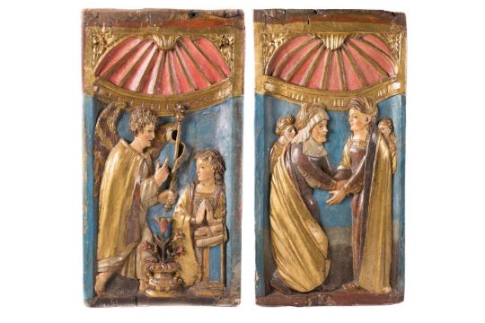 "The Annunciation and the Visitation". Pair of carved polychrome and gilt wooden reliefs. Spanish