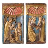 "The Annunciation and the Visitation". Pair of carved polychrome and gilt wooden reliefs. Spanish