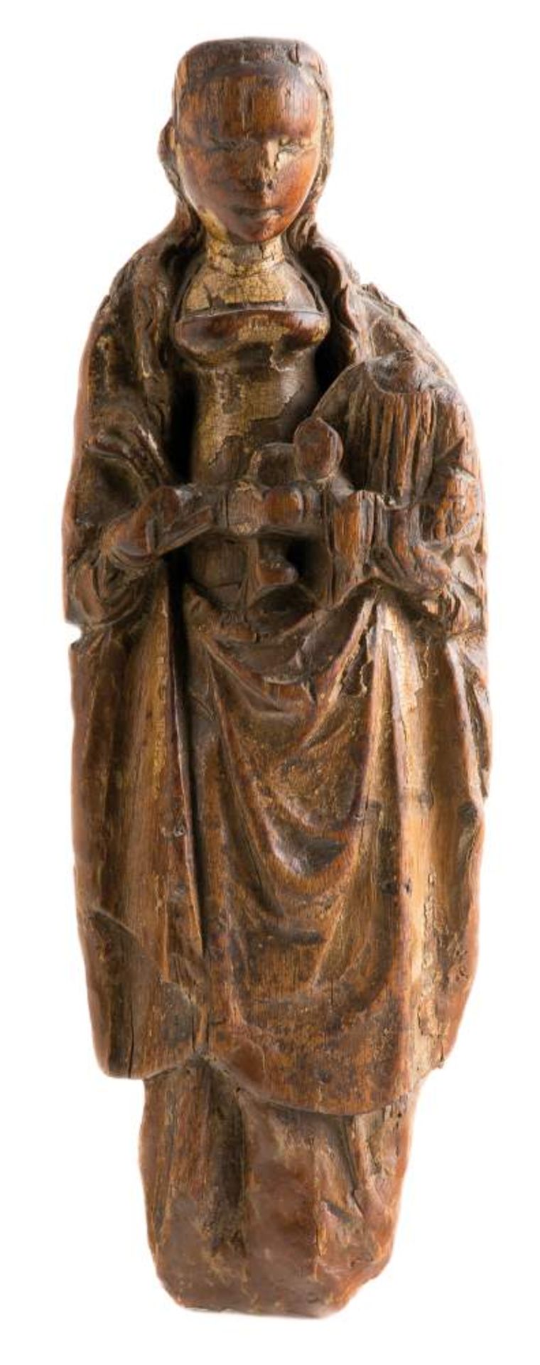 "Virgin with Child". Carved wooden sculpture with polychrome residue. Mechelen. Circa. 1515. The