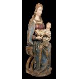 "Virgin and Child in Majesty (Sede Sapientiae)". Carved polychrome and gilt wooden sculpture. Circle