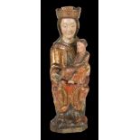 "Virgin and Child in Majesty (Sede Sapientiae)". Carved polychrome and gilt wooden sculpture from