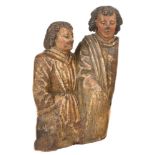 Fragment of an altarpiece representing two characters. Carved wooden gilt and polychrome