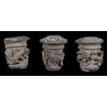 Set of three sculpted stone capitals. 14th – 15th century. Aproximately 19 x 16 x 18 cm. each.