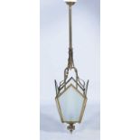 Metal and glass ceiling light. From around 1940. 105 x 26 x 26 cm.