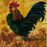 Andrés Larraga (Valtierra, 1862 - Barcelona, 1931) "Gallo" (Rooster) Oils on ceramic. 30 x 30 cm.