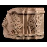 Finely sculpted corner capital depicting three branches with leaves. Spain. Gothic. 14th-15th