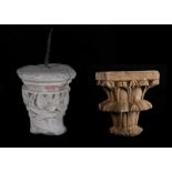 Lot including: Sculpted ochre limestone capital with two layers of leaf decoration. Spain. 13th –