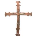 Small processional crucifix made of copper, formerly gilded and engraved with stylised flower