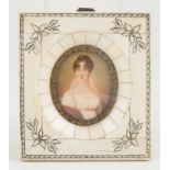 Miniature on ivory. Signed. 19th century. Period pyrogravured marquetry ivory frame. Miniature