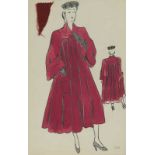 Cristóbal Balenciaga (Guetaria, Guipúzcoa, 1895 - Valencia, 1972) Original drawing of a coat from