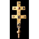 Gilded copper processional cross with wooden staff, decorated with embedded stones. Limoges.