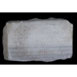 Fragment of a marble tombstone, sculpted with a Latin inscription. Gothic. Dated 1344. 15 x 24,5 x