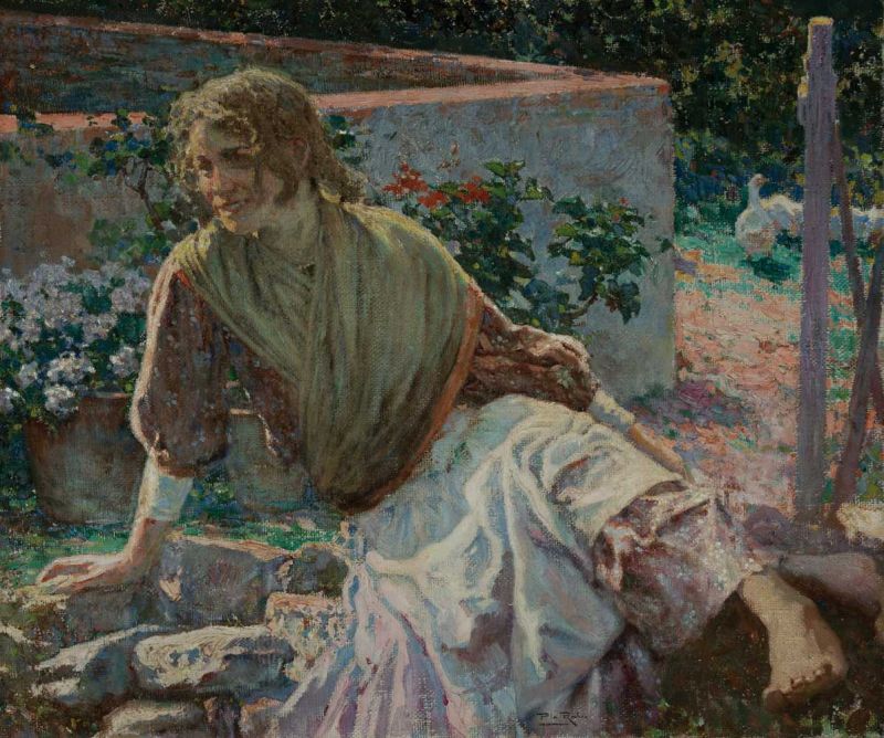 Alberto Pla y Rubio (Valencia, 1867-1937) "Mujer en un patio" (Woman on a patio) Oils on sackcloth.