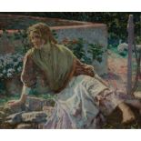 Alberto Pla y Rubio (Valencia, 1867-1937) "Mujer en un patio" (Woman on a patio) Oils on sackcloth.