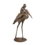 Jenö Bory (Hungary, 1879-1959) "Child seated on a marabou stork" Bronze sculpture. Signed and dated