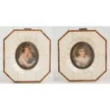 Two miniatures on ivory. France, 19th century. Period pyrogravured ivory frames. Miniature