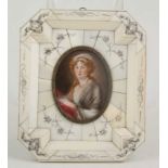 Lebrun. Miniature on ivory. Signed. France, 19th century. Period pyrogravured ivory frame.