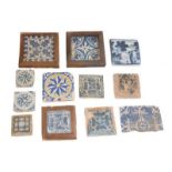 Lot of eleven ceramic tiles. 15th – 16th century. Minimum: 7 x 7 cm and maximum: 11,5 x 11,5 cm.