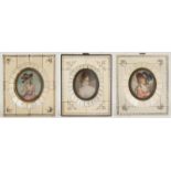 Three miniatures on ivory. One signed. France, 19th century. Period pyrogravured marquetry ivory