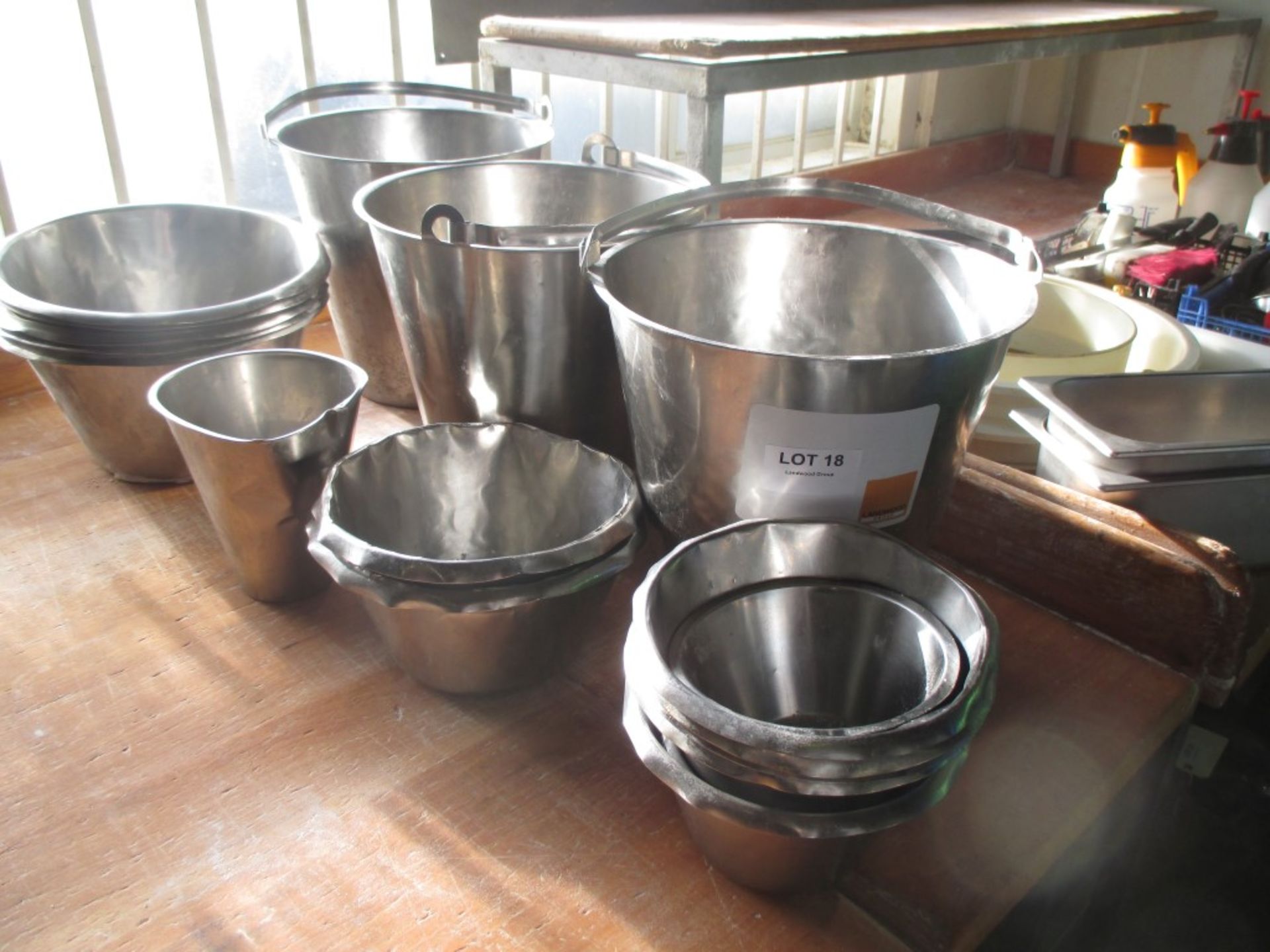 3 Stainless steel 15 litre pails and assorted stainless steel food prep bowls