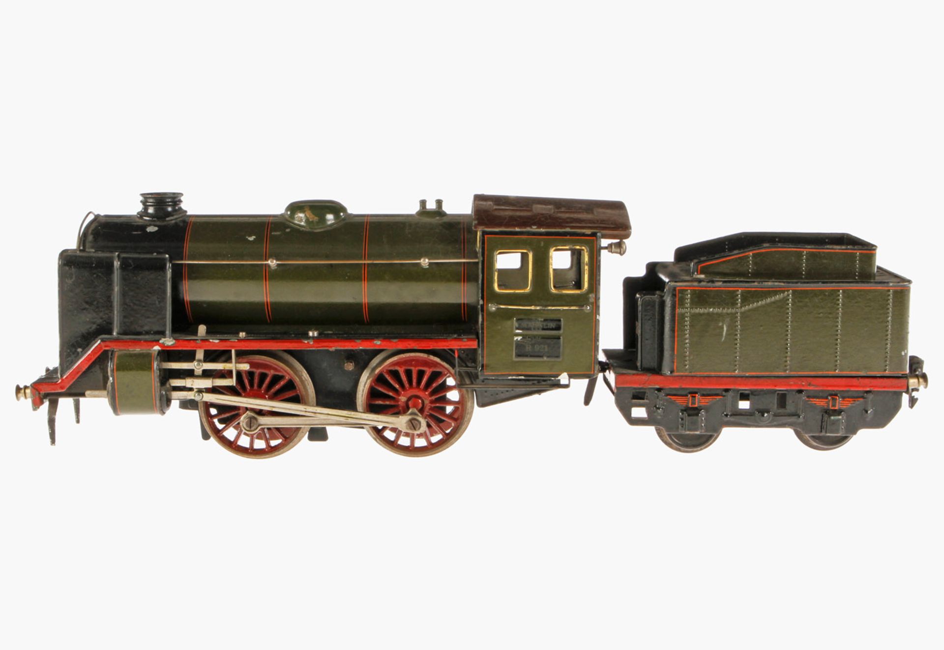 Märklin B-Dampflok R 921 mit 2A Tender, S 1, Uhrwerk intakt, olivgrün HL, kW, imit. Laternen fehlen,