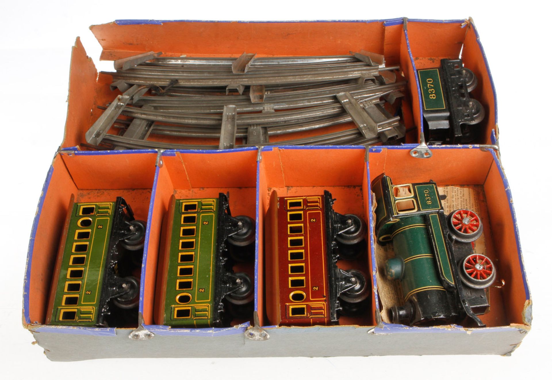 Bing Zugpackung, S 0, Uhrwerk, CL, mit Lok (intakt), Tender, 3 Wagen, Beschreibung und Schienen, LS,