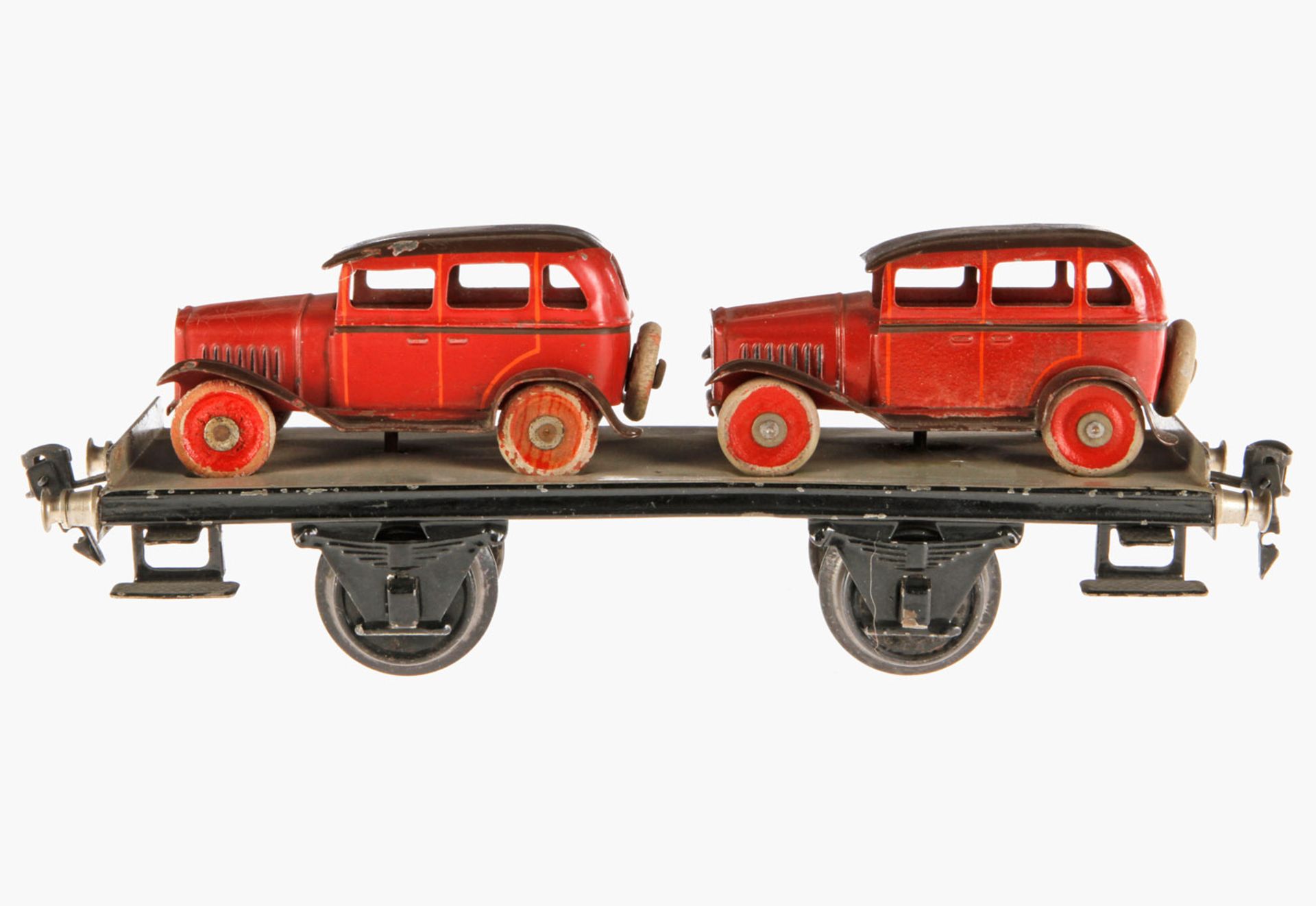 Märklin Plattformwagen 1766, S 1, mit 2 roten Blechautos beladen, HL, kl. LS, Gebrauchsspuren, L