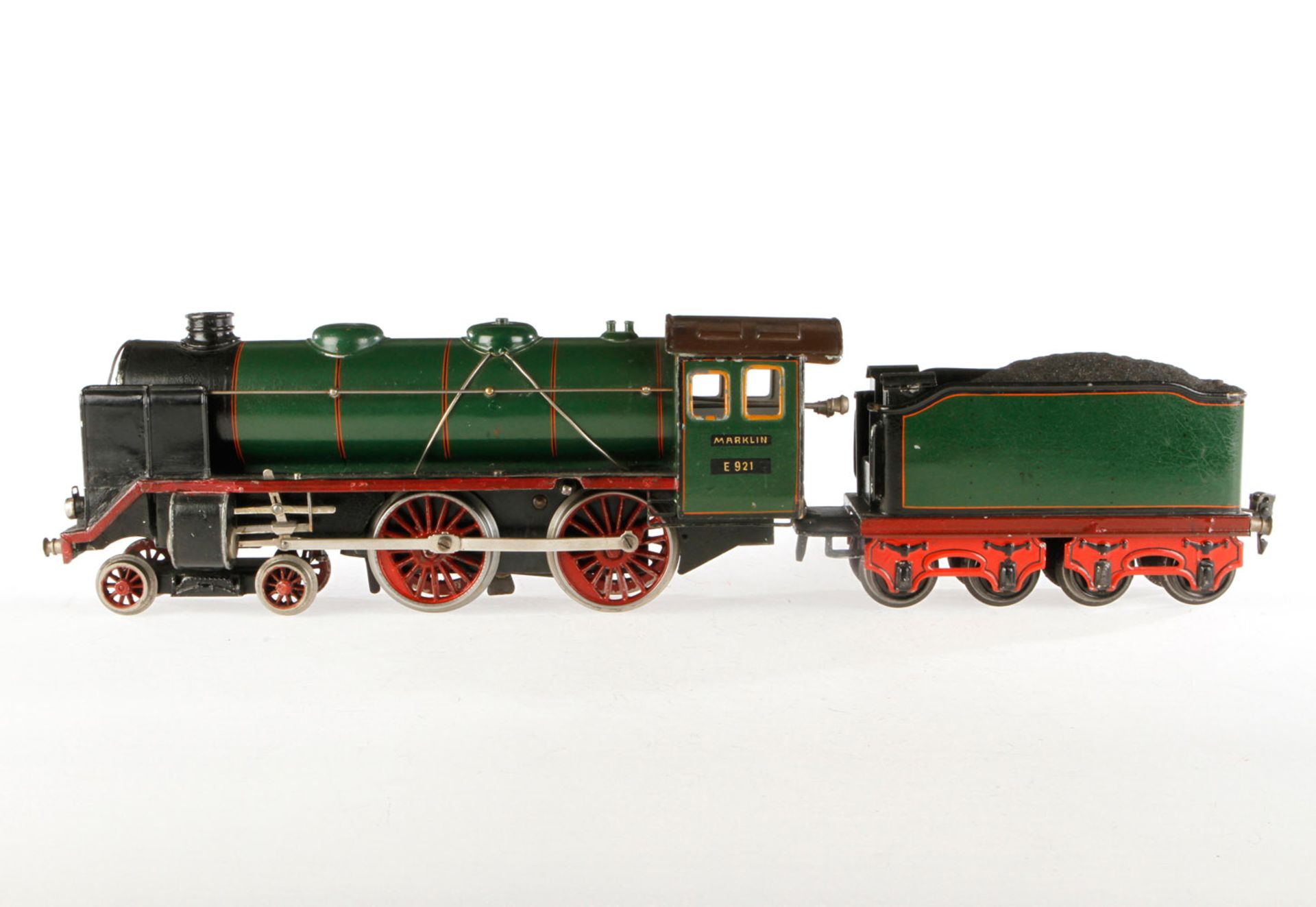 Märklin 2-B Dampflok E 921, S 1, grün HL, Uhrwerk intakt, mit 4A Tender, kW, 2 imit. Laternen,