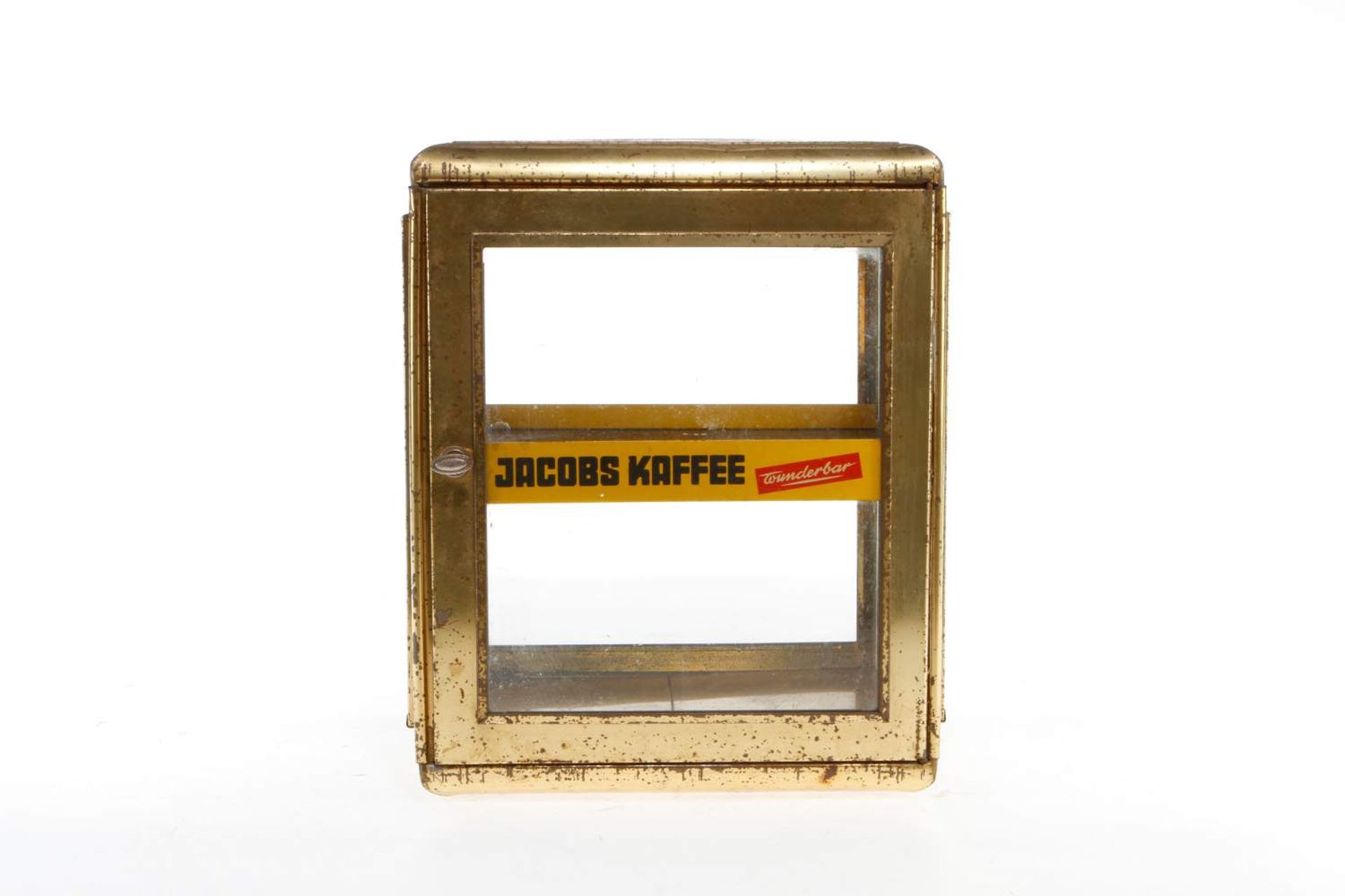 Verkaufsvitrine "JACOBS KAFFEE", Metall/Glas, Tür auf der Rückseite, Lackschäden und