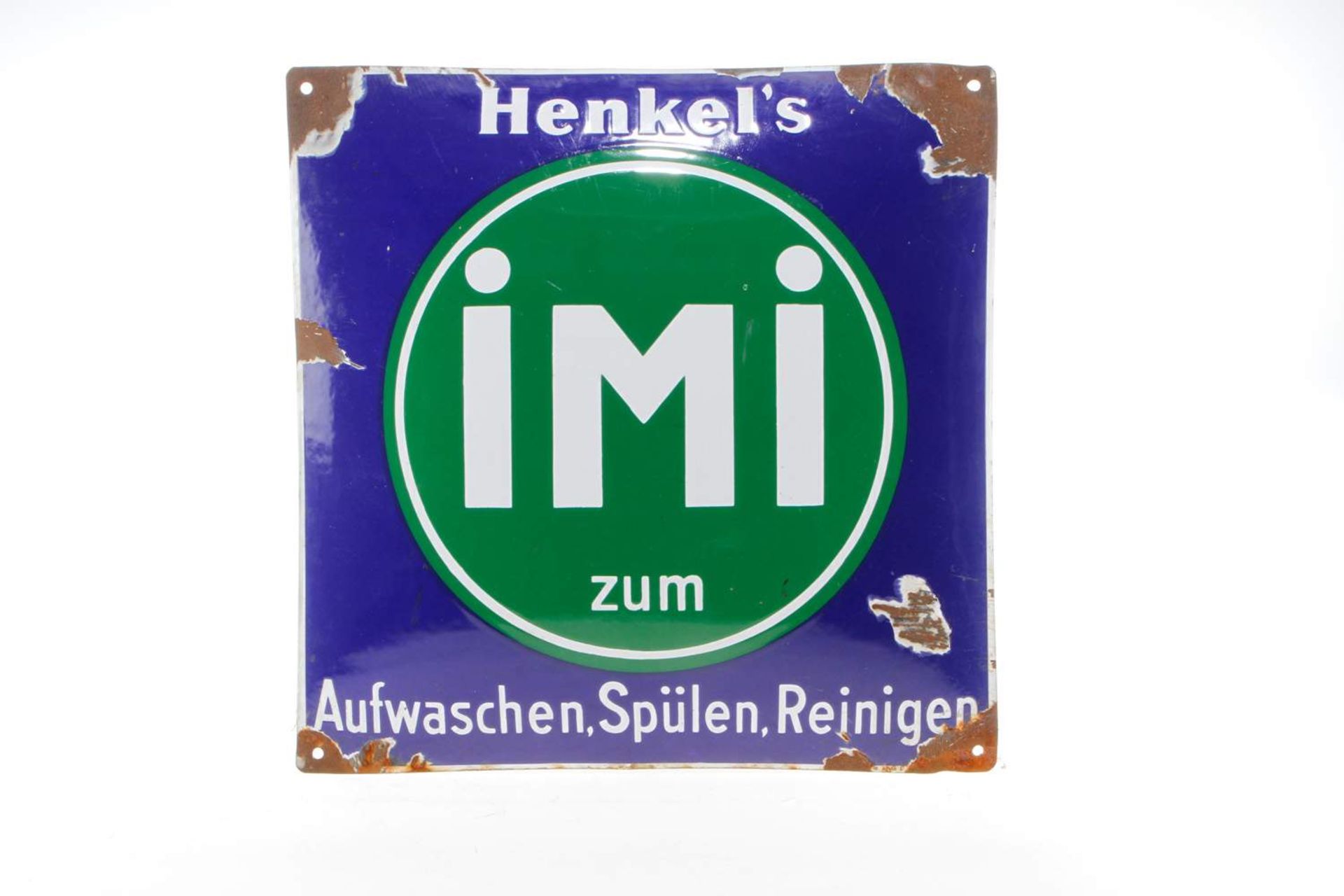 Emailleschild "Henkel`s iMi zum Aufwaschen, Spülen, Reinigen", gewölbt, Markung auf unterem Rand