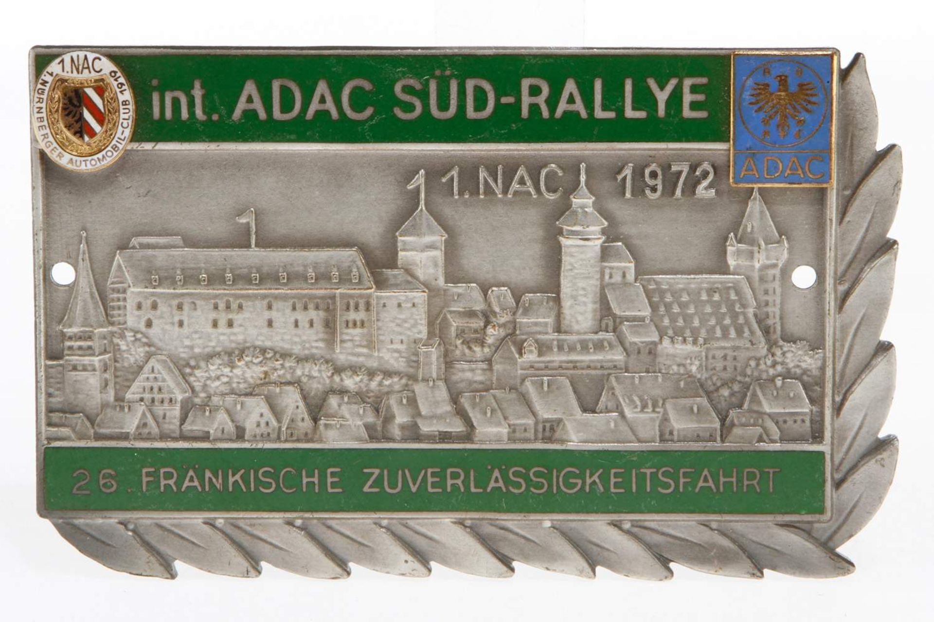 Plakette int. ADAC Süd-Rallye, 1. NAC 1972, teilweise emailliert, Alterungsspuren, Länge 11,5 cm
