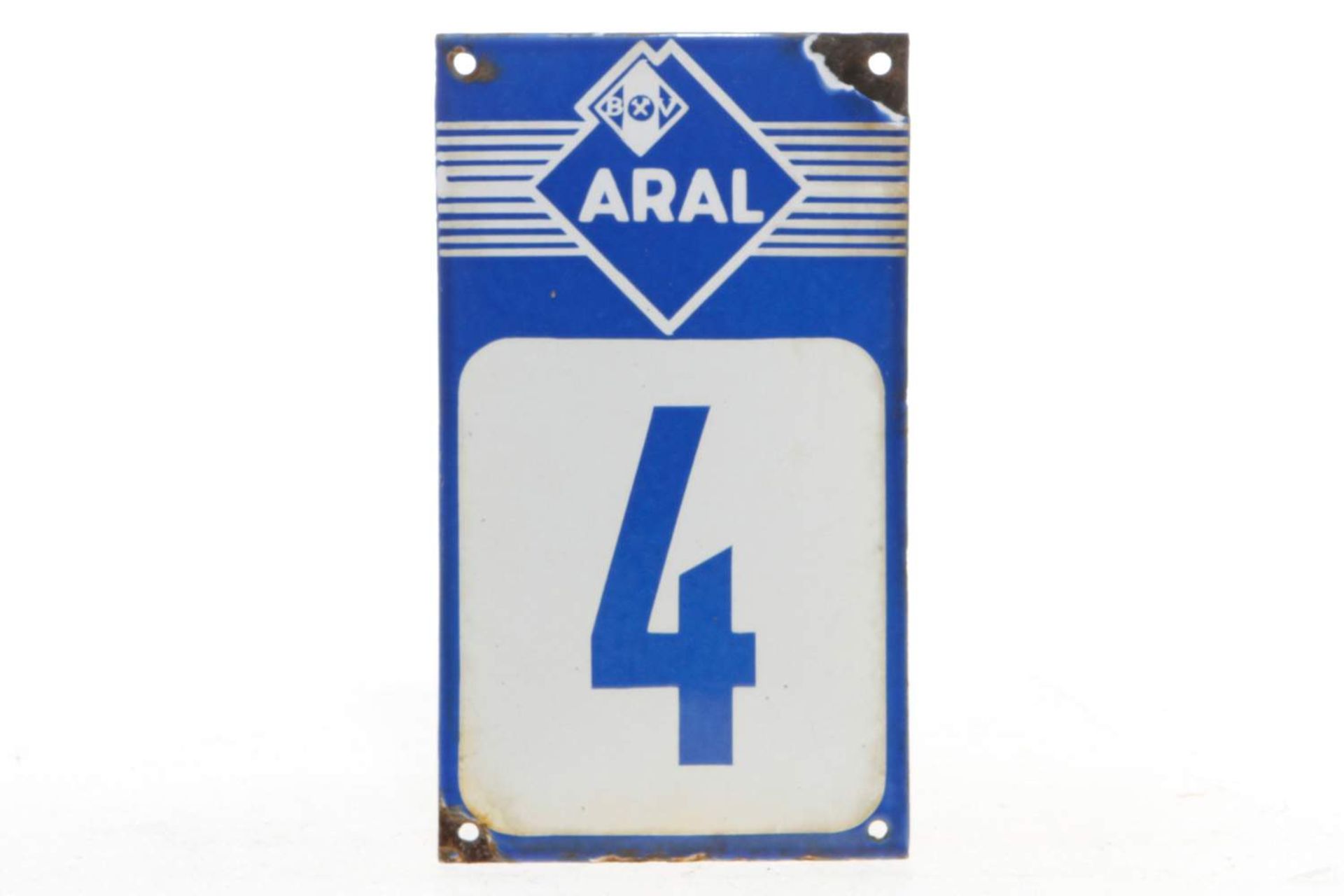 Emailleschild "ARAL 4", gewölbt, Abplatzungen, 12 x 21 cm, sonst guter Zustand