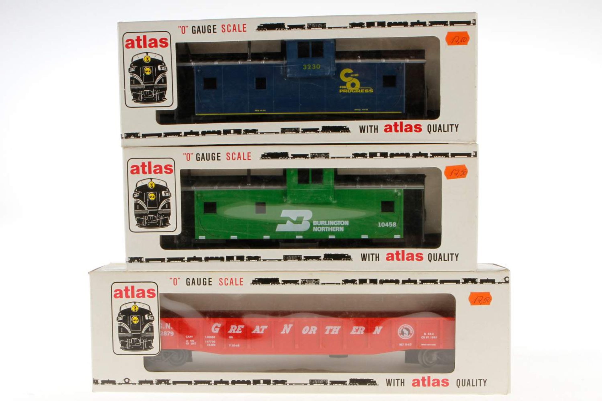 3 Atlas Güterwagen, S 0, Kunststoff: 6211, 6232 und 6233, je in OVP, guter Zustand