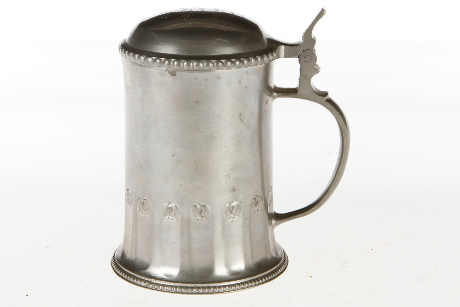 Bierkrug mit Deckel, Zinn, Engelsmarke, datiert 1936, Höhe 15 cm